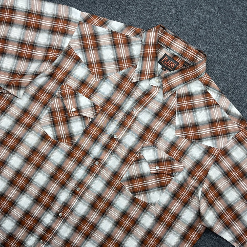 Plains Western Wear Shirt XL Brown Plaid Pearl Snap Short Sleeve Western Y2K
